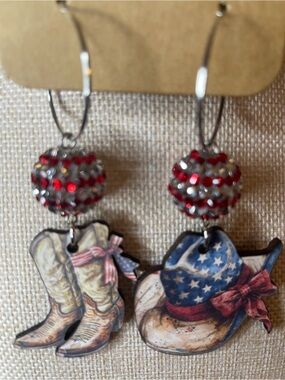 Patriotic Cowboy Boot & Hat Dangle Earrings in Red and Blue Gypsy South
